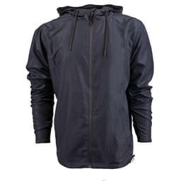 A lightweight black windbreaker jacket featuring a hood and a zip closure, with adjustable drawstrings.