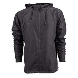 A lightweight black windbreaker jacket featuring a hood and elasticised cuffs, with a front zip closure and a logo.