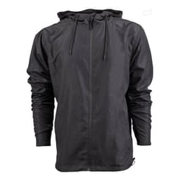 A lightweight black windbreaker jacket with a hood and drawstring, featuring a full front zip and long sleeves.