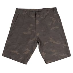 Coated dual function shorts in a camouflage pattern, featuring a button and zip closure, and a branded tag.