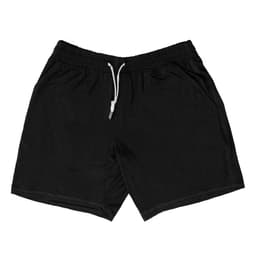 Black jersey shorts with an elastic waistband and drawstring, featuring side pockets. Includes a logo.