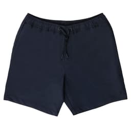 Navy sports shorts with an elastic waistband and drawstring, featuring a logo.