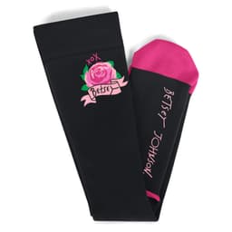 A pair of black compression socks featuring a pink toe and rose design, with a logo on one sock.
