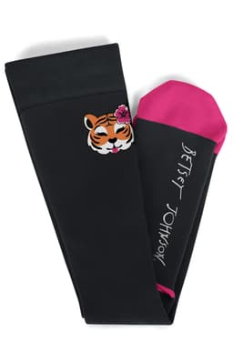 Two black compression socks featuring a pink toe and a tiger design with a flower, including a logo.