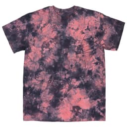 A tie-dye T-shirt featuring shades of pink and purple, with a relaxed fit and a logo present.