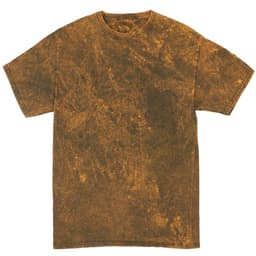 A mineral wash tie-dye t-shirt in brown and gold hues, featuring a comfortable crew neck and short sleeves.