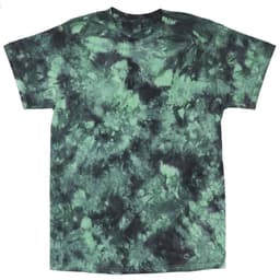 A green and black tie-dye T-shirt featuring a swirling pattern. The shirt is short-sleeved and has a logo.