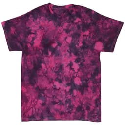 A vibrant tie-dye t-shirt featuring shades of pink and dark purple with an abstract pattern.
