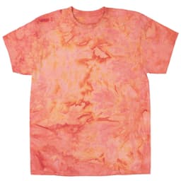 A pink and orange tie dye t-shirt with a vibrant pattern and short sleeves. It features a logo.