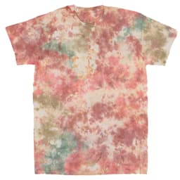 A tie-dye T-shirt in shades of pink, brown, and green, featuring a casual short-sleeve design and a logo.