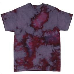 A tie-dye t-shirt featuring shades of purple and burgundy with a unique swirling pattern. It has a logo on it.
