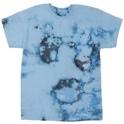 A blue tie-dye T-shirt featuring irregular patterns in darker shades of blue and black. The shirt has a logo on it.