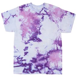 A tie-dye T-shirt featuring a blend of pink and purple hues on a white background, with a relaxed fit and short sleeves.