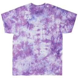 A tie-dye t-shirt in shades of purple and white, featuring a loose, short-sleeved design and a logo.