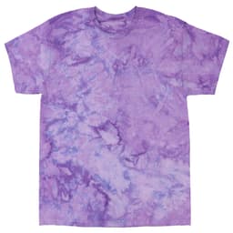 A purple tie dye T-shirt features a marbled design with various shades of purple. It includes a logo on the front.