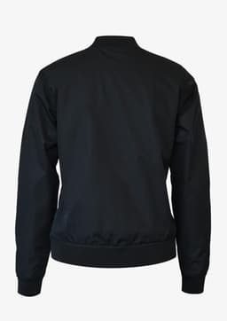 A black puffer jacket featuring a simple design and a fitted waistband, with a visible logo on the back.