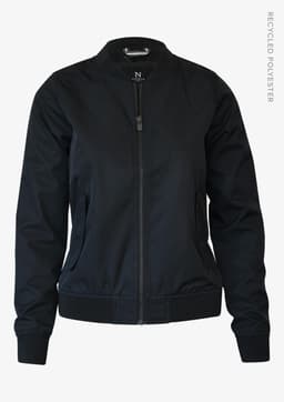 A black women's jacket featuring a zip front and ribbed cuffs, made from recycled polyester. It has a logo on the tag.