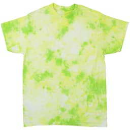 A tie-dye T-shirt featuring vibrant yellow and green hues with a swirling pattern. It has a casual, relaxed fit.