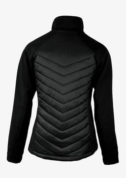 A women's soft shell jacket in black, featuring a chevron quilted design on the back and a collar.