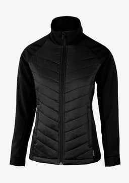 A black soft shell jacket with a zip front and chevron-patterned detailing on the body. It features a high collar and long sleeves.