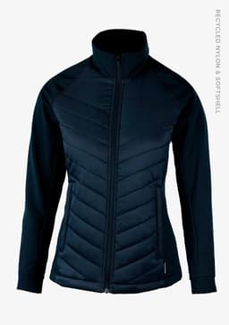 A navy blue soft shell jacket with a zip front and a fitted design, featuring a logo.