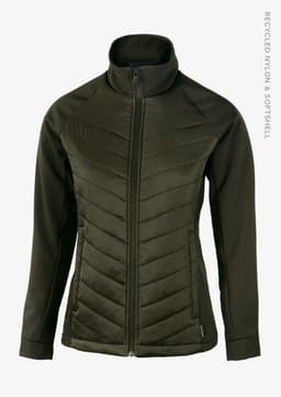 A soft shell jacket in olive green, featuring a zip-up front and a fitted design. It has a logo on the sleeve.