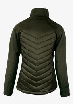 A soft shell women's jacket in dark green, featuring a quilted design on the back and a high collar.