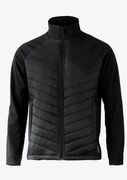 A black soft shell jacket with a high collar and quilted pattern, featuring a logo on the lower part.