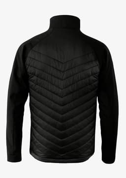 A black soft shell jacket with a textured chevron pattern on the back and a high collar. It features a logo.