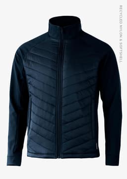 A dark navy soft shell jacket with a zip front, featuring a quilted design and a logo.