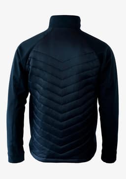 A soft shell jacket in navy blue with a quilted chevron pattern on the back and a high collar. It features a logo.