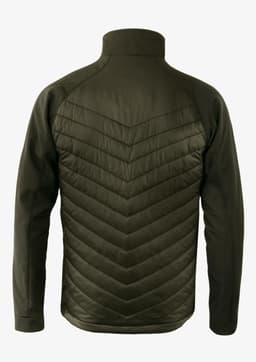 A soft shell jacket in olive green with a quilted back design and a high collar. Features a logo.