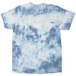 A blue and white tie-dye T-shirt featuring a swirling pattern. The shirt has a standard crew neck and short sleeves.