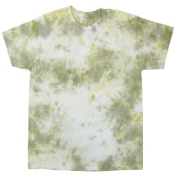 A tie-dye T-shirt in green and yellow hues with a soft, abstract pattern. It features a logo on the design.