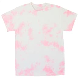 A pink and white tie-dye t-shirt with a relaxed fit and short sleeves, featuring a logo.