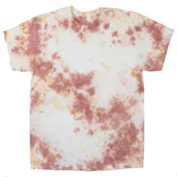 A tie-dye T-shirt featuring a blend of white, pink, and orange hues, with a casual, relaxed fit and a logo present.