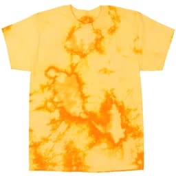 A yellow tie dye t-shirt featuring vibrant orange patterns and a casual, relaxed fit. It has a branding logo.