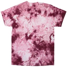 A tie-dye T-shirt with shades of pink and burgundy, featuring a swirling pattern. It has a logo on the front.