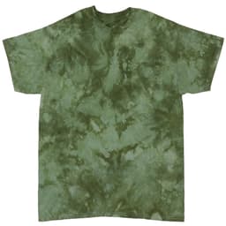 An olive green tie-dye t-shirt with a soft, textured pattern and a casual fit. It features a logo on the label.