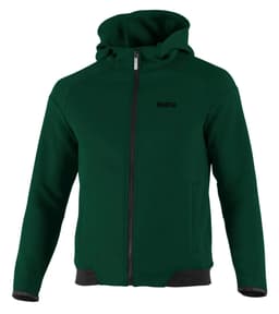 A full zip hooded jacket in dark green with a front zipper and two side pockets. It features a logo on the chest.
