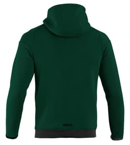 A green full zip hooded jacket featuring a hoodie and a smooth finish on the back. It has a logo at the bottom.