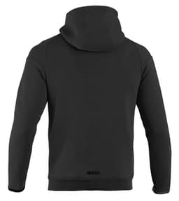 A black full zip hooded jacket with a plain design and a hood, featuring a small logo on the back.