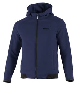 A full zip hooded jacket in navy blue with a zipped front and a logo. It features side pockets and a fitted design.