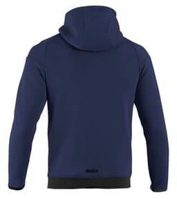 A navy full zip hooded jacket with a logo on the back and a fitted design.