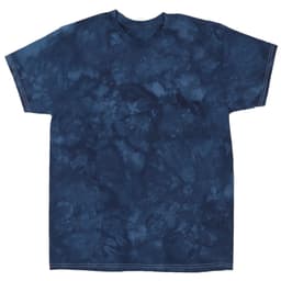 A navy blue tie-dye T-shirt with a unique pattern and a standard crew neck design. It features a logo on the label.