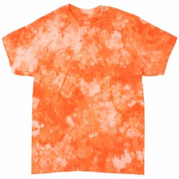An orange tie-dye t-shirt with a swirling pattern, featuring short sleeves and a round neckline.