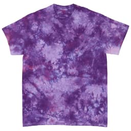 A purple tie-dye t-shirt featuring a vibrant, swirling pattern of various shades of purple. It includes a logo.