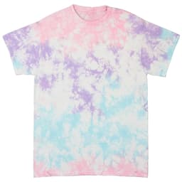 A tie dye t-shirt featuring pastel shades of pink, purple, and blue with a soft, swirling pattern. It has a logo.