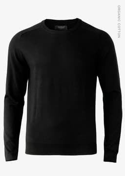 A black knitwear jumper with long sleeves and a round neckline. It features a logo on the label.