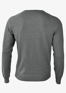 A grey knitted jumper with long sleeves and a plain back view, featuring a waistband and cuffs.